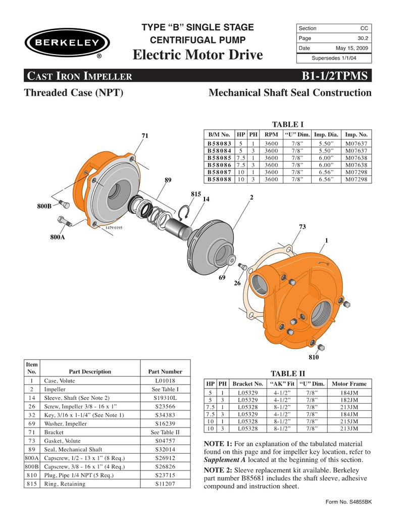 B1-1/2TPMS Berkeley Replacement Parts