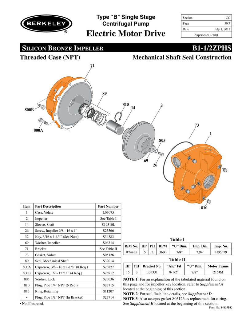 B1-1/2ZPHS Berkeley Replacement Parts