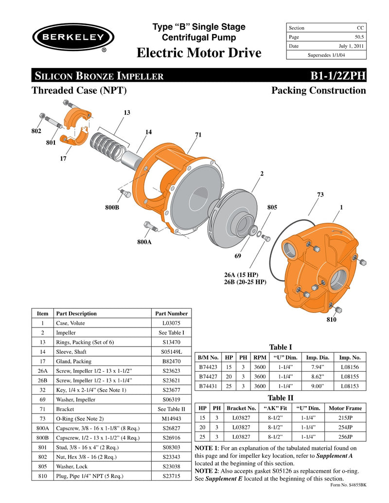 B1-1/2ZPH Berkeley Replacement Parts