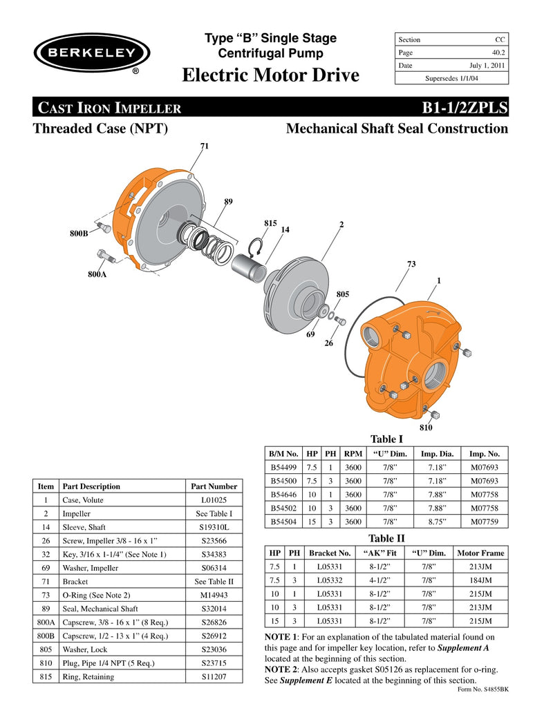 B1-1/2ZPLS Berkeley Replacement Parts
