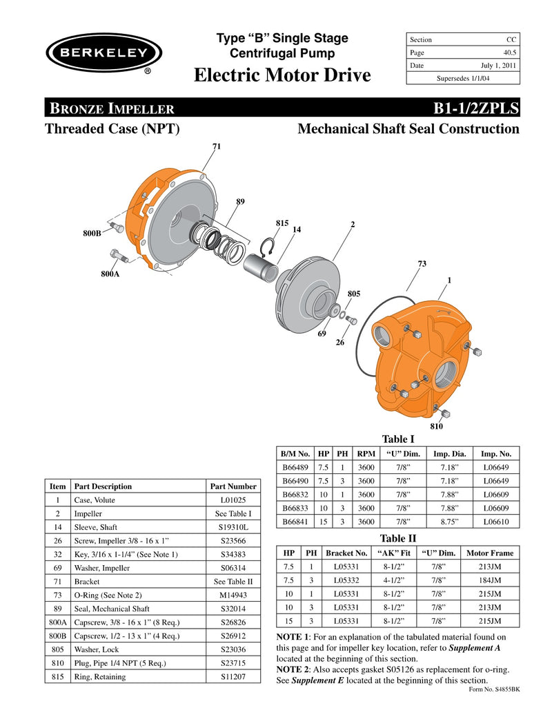 B1-1/2ZPLS Berkeley Replacement Parts