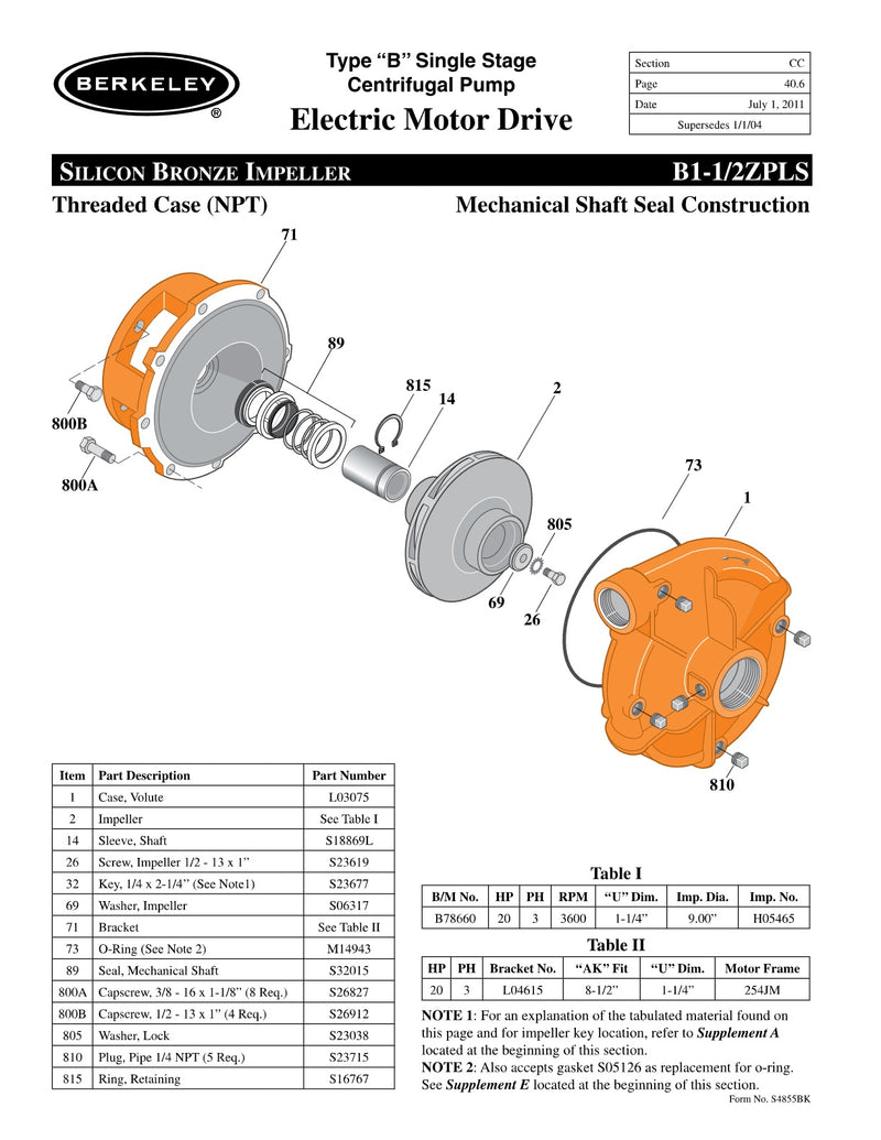 B1-1/2ZPLS Berkeley Replacement Parts