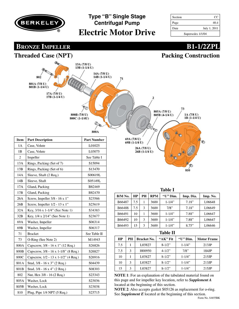 B1-1/2ZPL Berkeley Replacement Parts