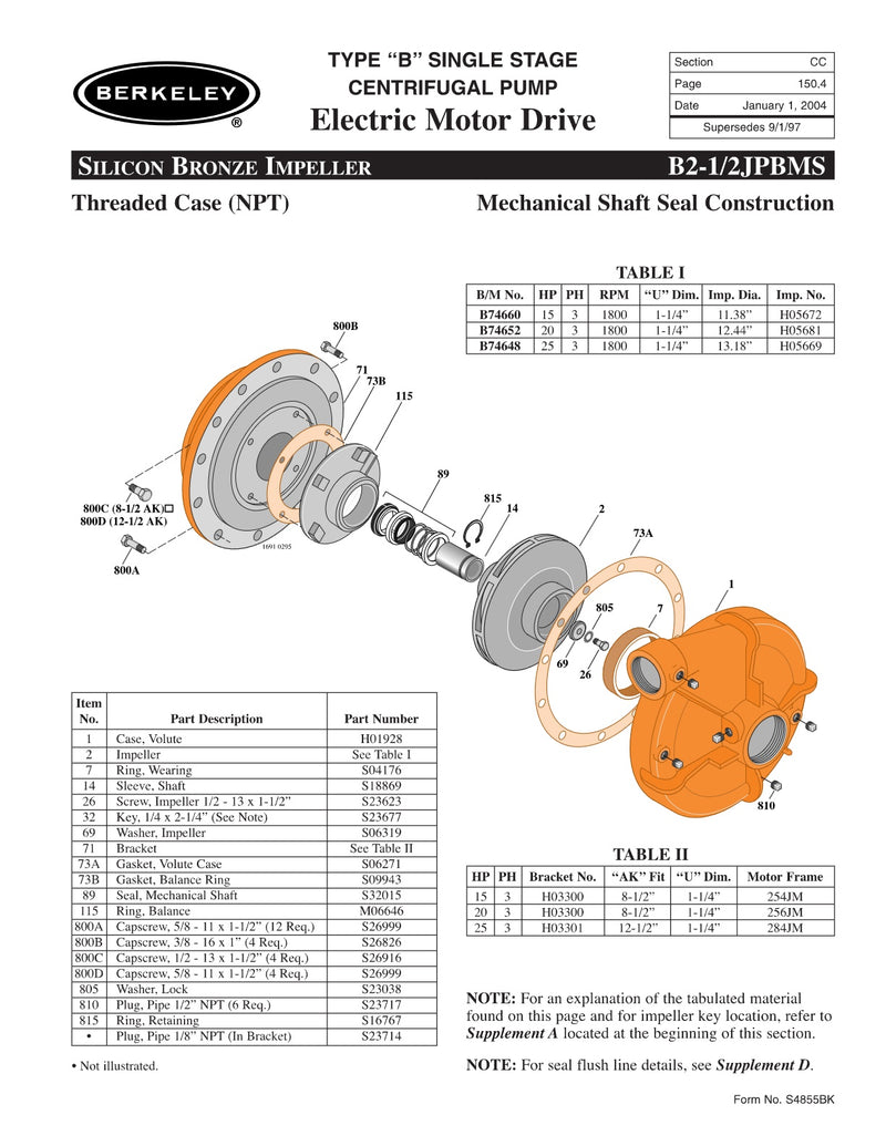 B2-1/2JPBMS Berkeley Replacement Parts
