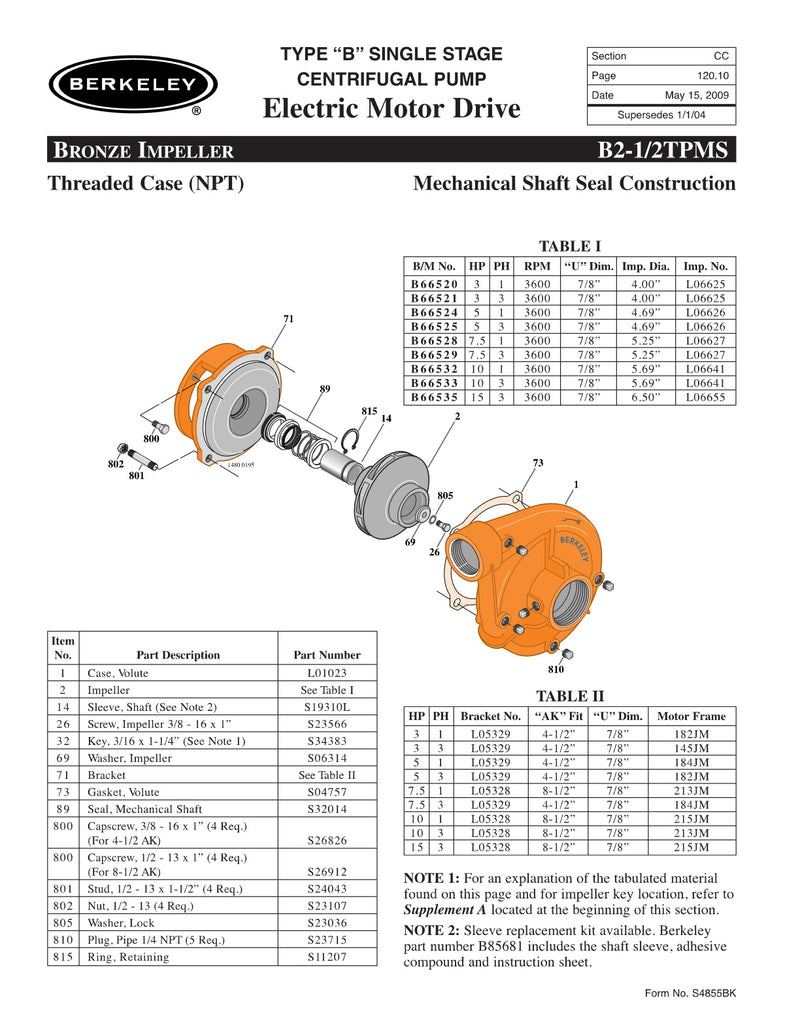 B2-1/2TPMS Berkeley Replacement Parts