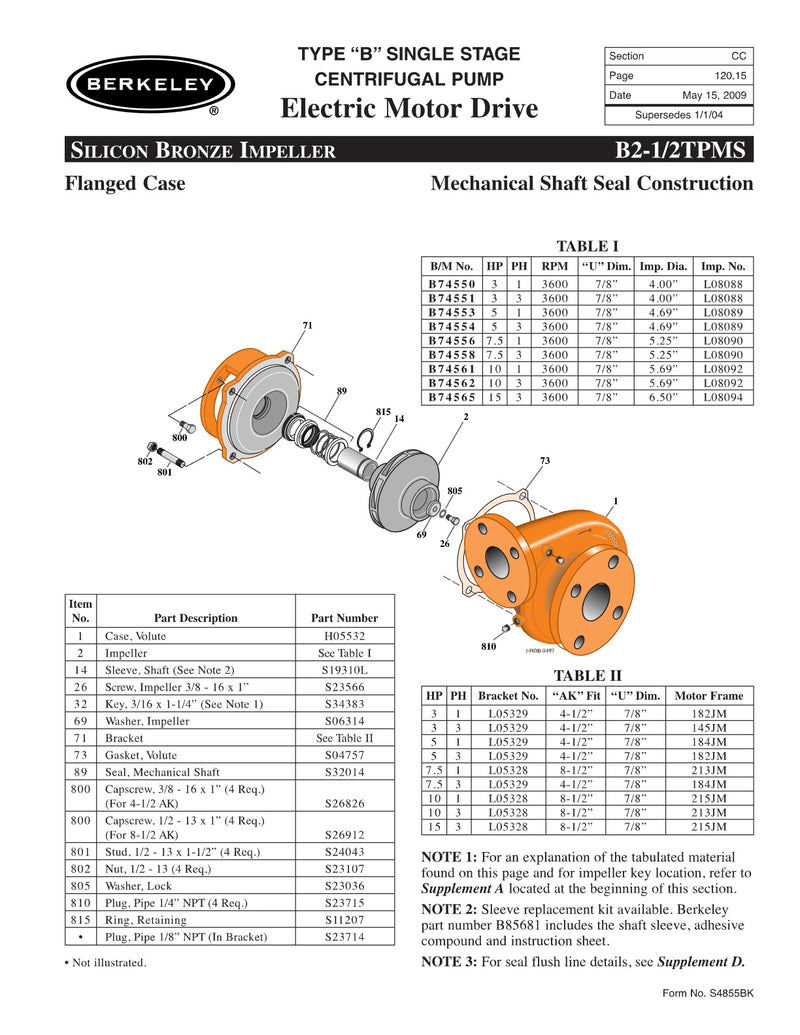 B2-1/2TPMS Berkeley Replacement Parts