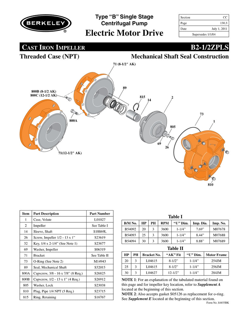 B2-1/2ZPLS Berkeley Replacement Parts
