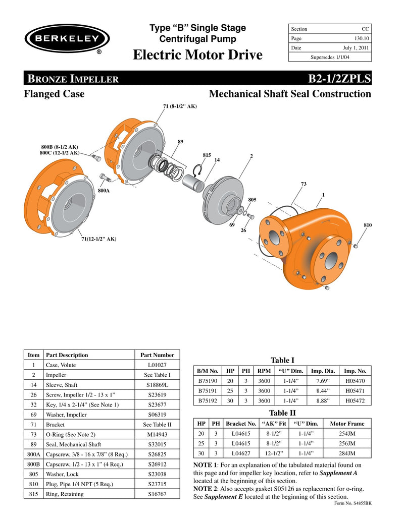 B2-1/2ZPLS Berkeley Replacement Parts