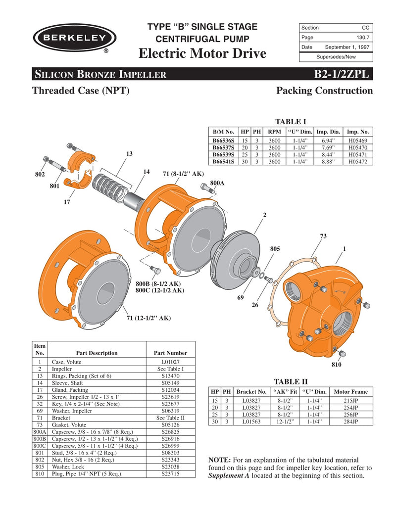 B2-1/2ZPL Berkeley Replacement Parts