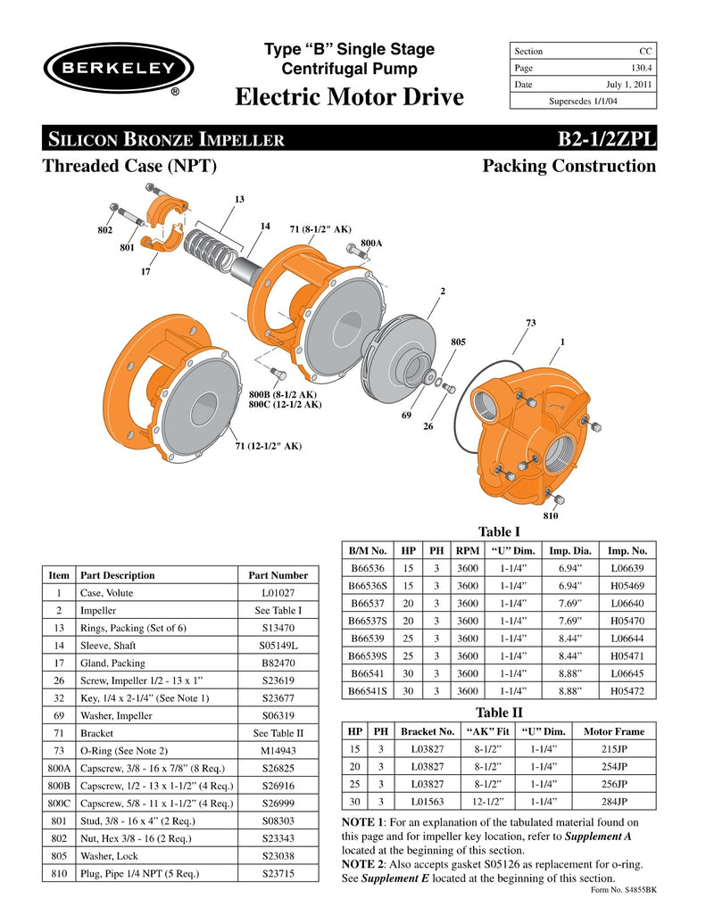 B2-1/2ZPL Berkeley Replacement Parts
