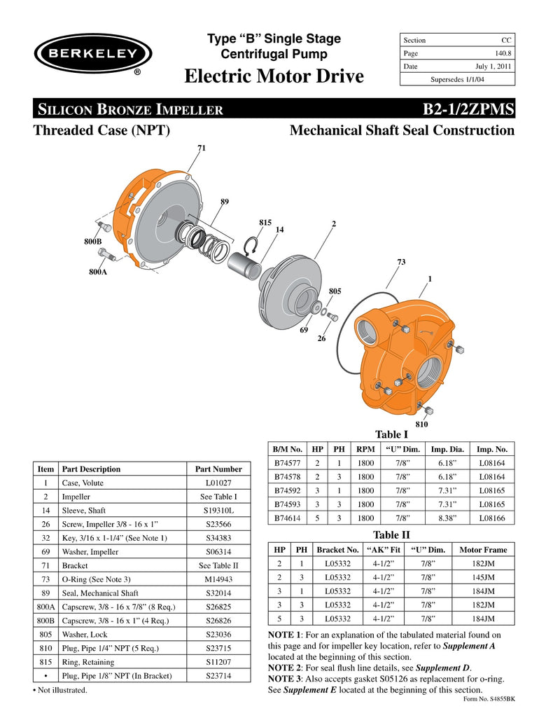 B2-1/2ZPMS Berkeley Replacement Parts