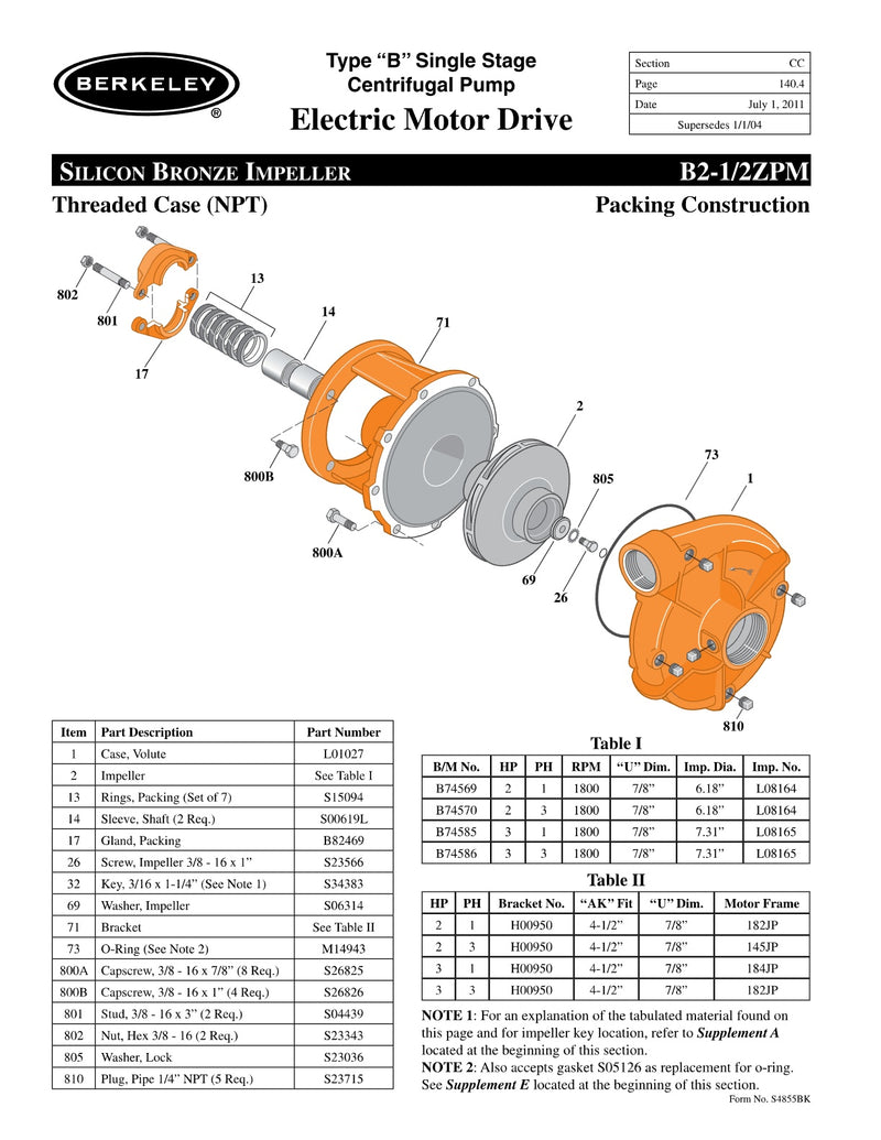B2-1/2ZPM Berkeley Replacement Parts
