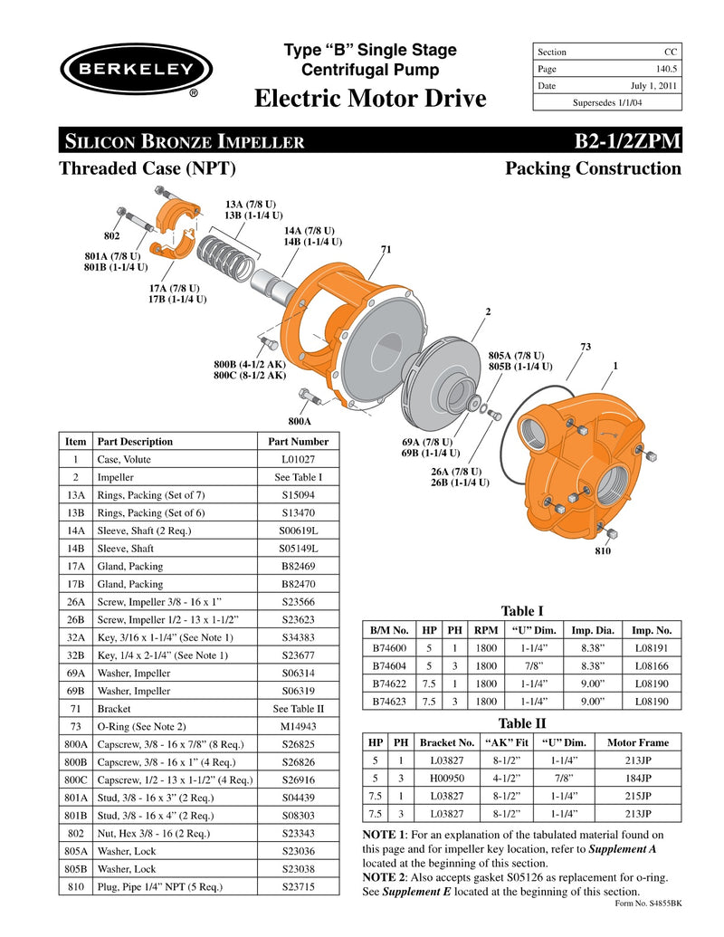 B2-1/2ZPM Berkeley Replacement Parts