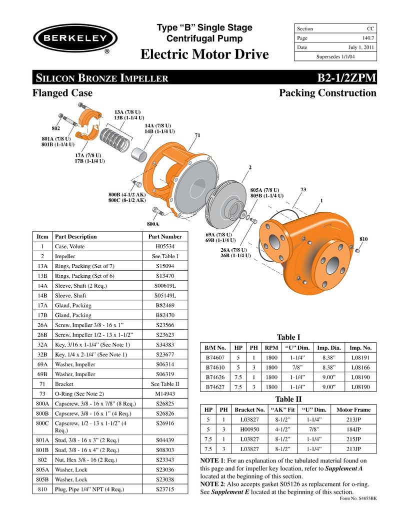 B2-1/2ZPM Berkeley Replacement Parts