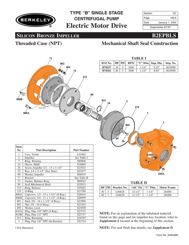 B2EPBLS Berkeley Replacement Parts