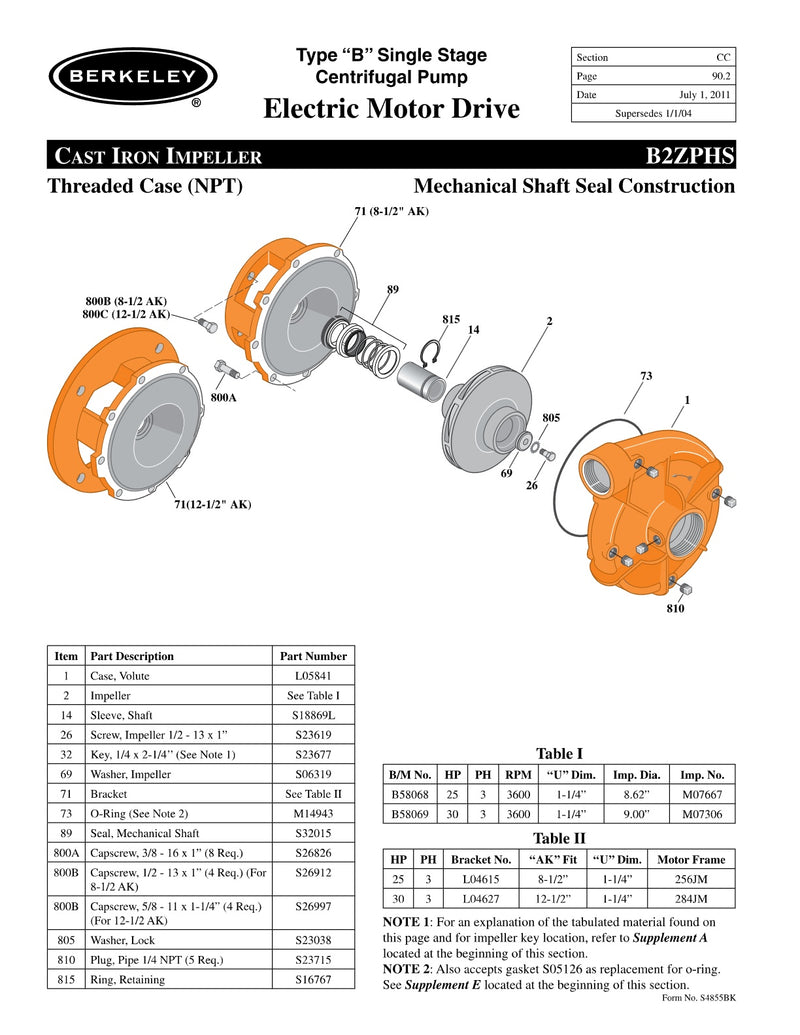B2ZPHS Berkeley Replacement Parts