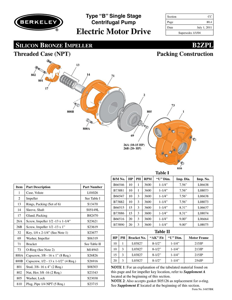 B2ZPL Berkeley Replacement Parts