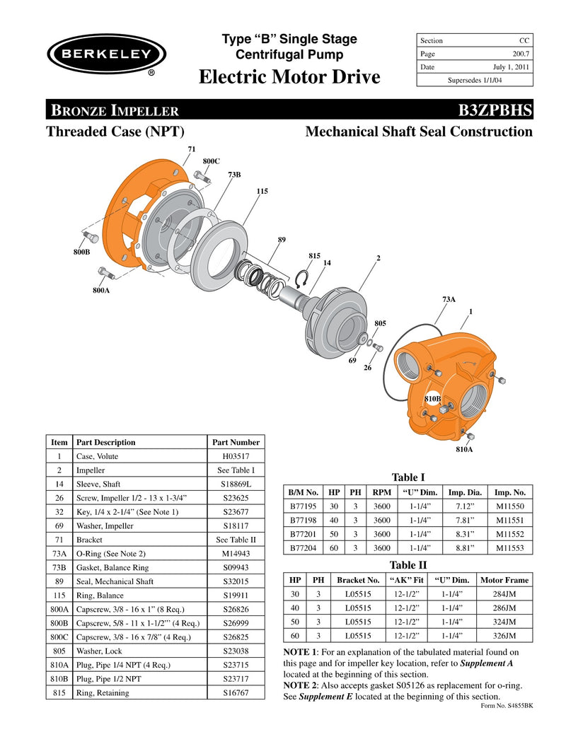 B3ZPBHS Berkeley Replacement Parts