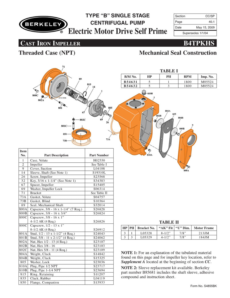 B4TPKHS Berkeley Replacement Parts