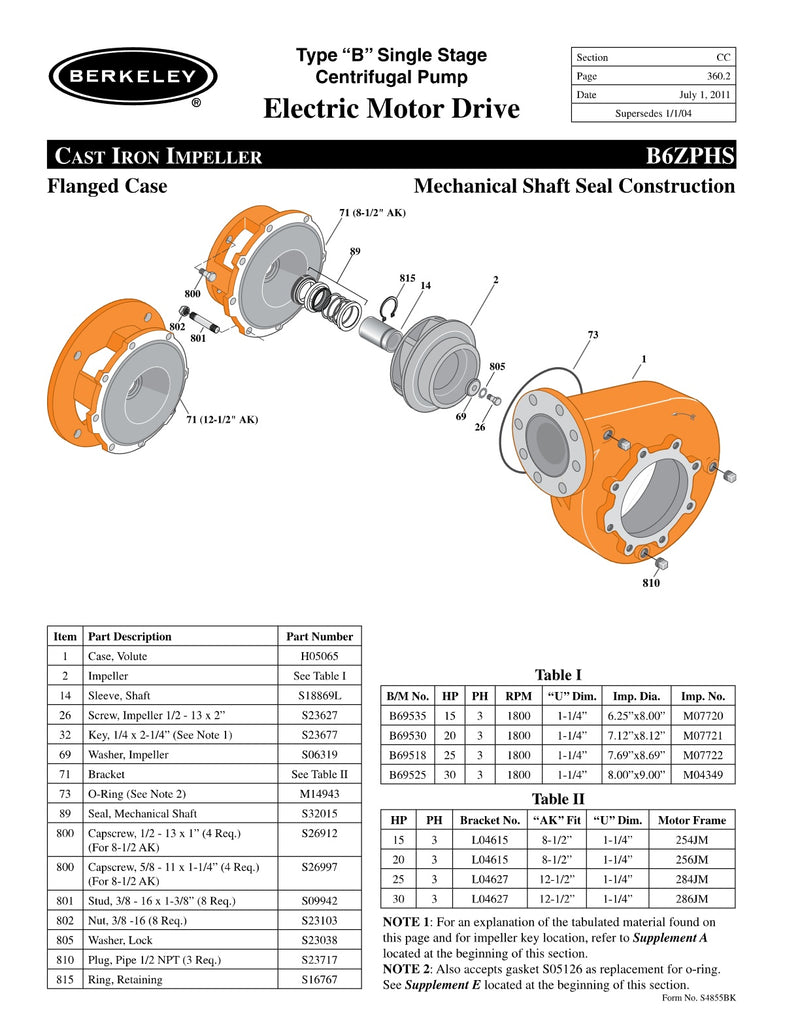 B6ZPHS Berkeley Replacement Parts