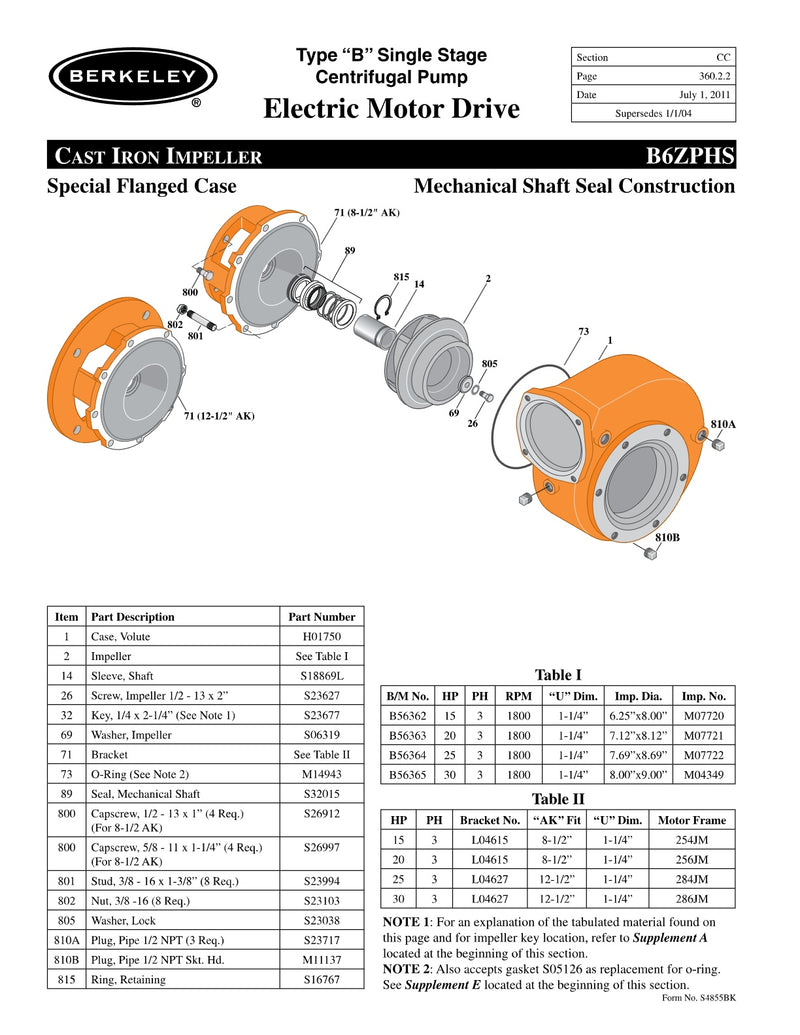B6ZPHS Berkeley Replacement Parts