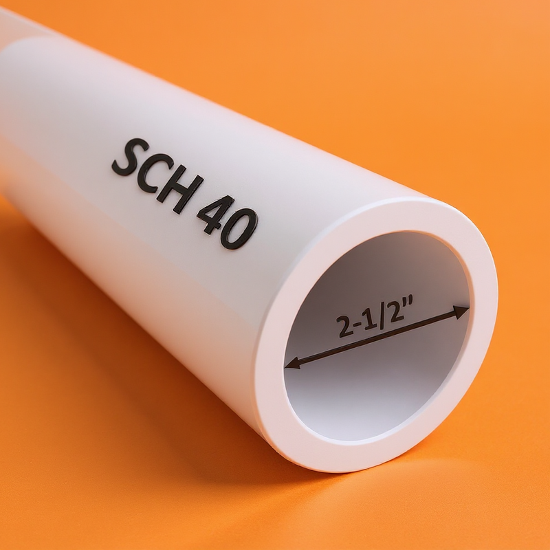 2-1/2" Schedule 40 PVC pipe – side view showing smooth white finish and cut-to-length ends for plumbing and irrigation use