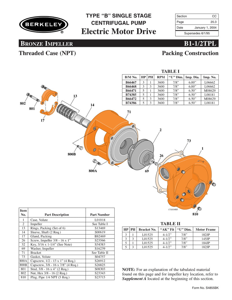 B1-1/2TPL Berkeley Replacement Parts
