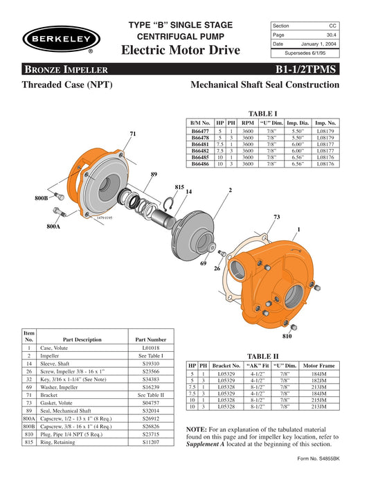 B1-1/2TPMS Berkeley Replacement Parts