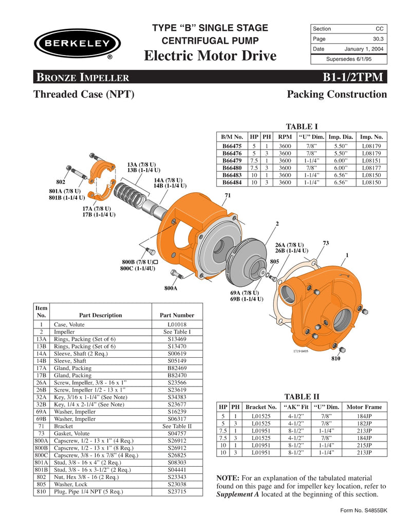 B1-1/2TPM Berkeley Replacement Parts