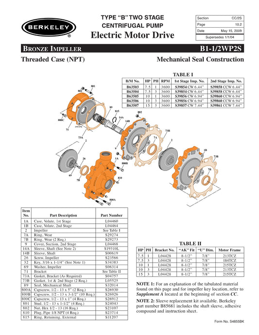 B1-1/2WP2S Berkeley Replacement Parts