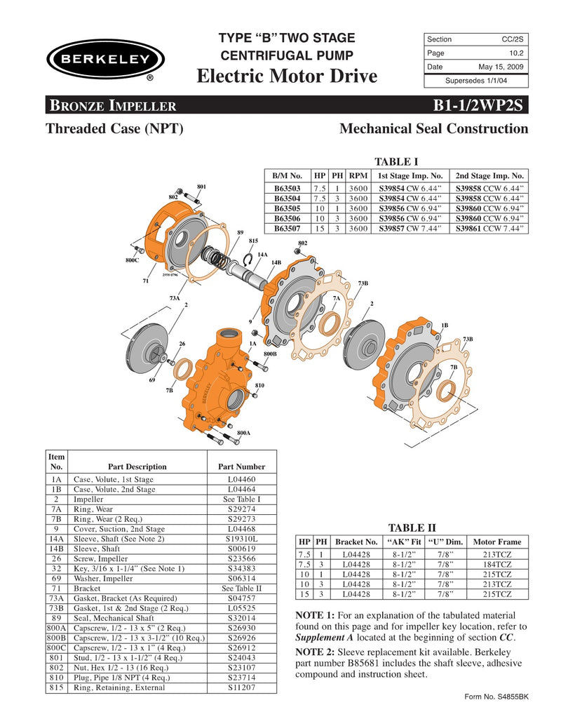 B1-1/2WP2S Berkeley Replacement Parts