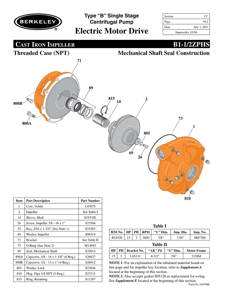 B1-1/2ZPHS Berkeley Replacement Parts