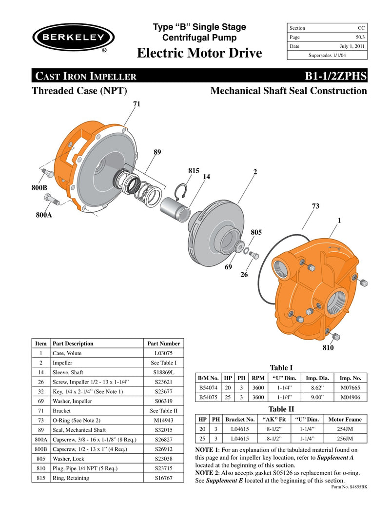 B1-1/2ZPHS Berkeley Replacement Parts