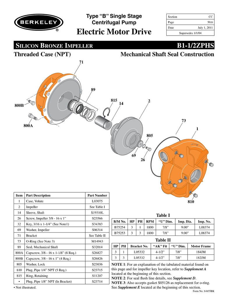 B1-1/2ZPHS Berkeley Replacement Parts