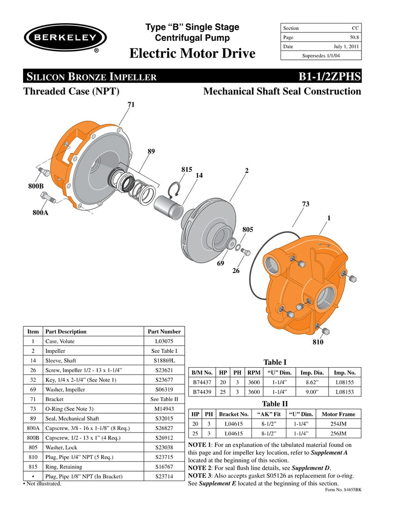B1-1/2ZPHS Berkeley Replacement Parts