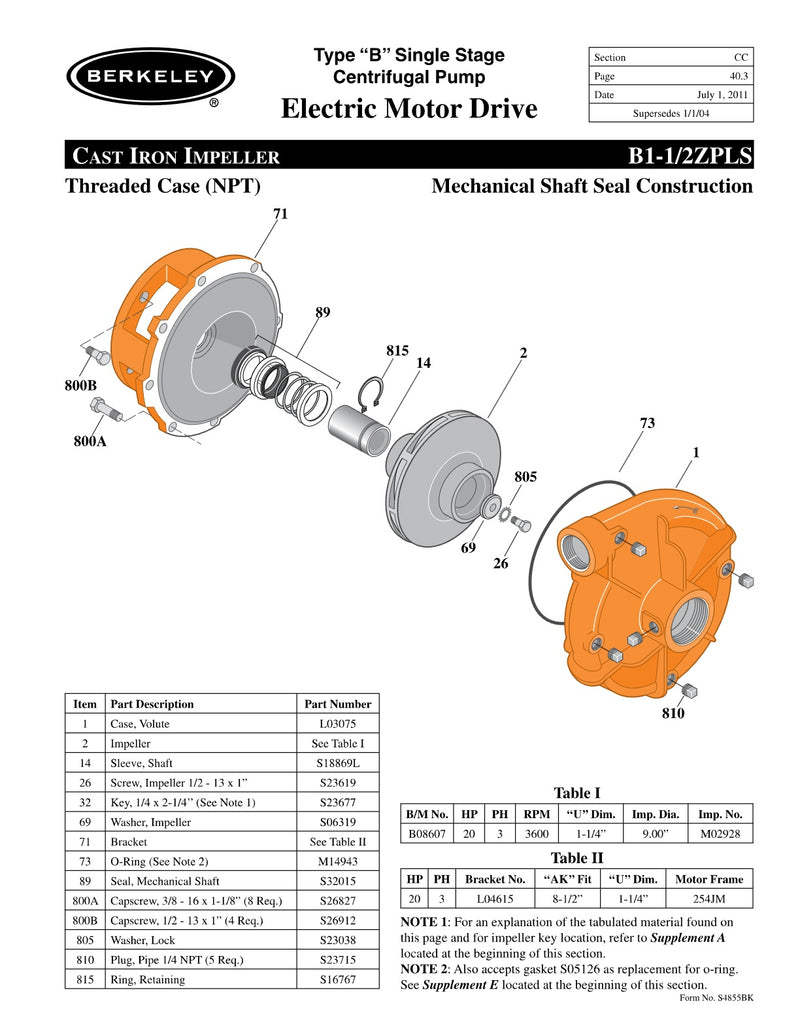 B1-1/2ZPLS Berkeley Replacement Parts