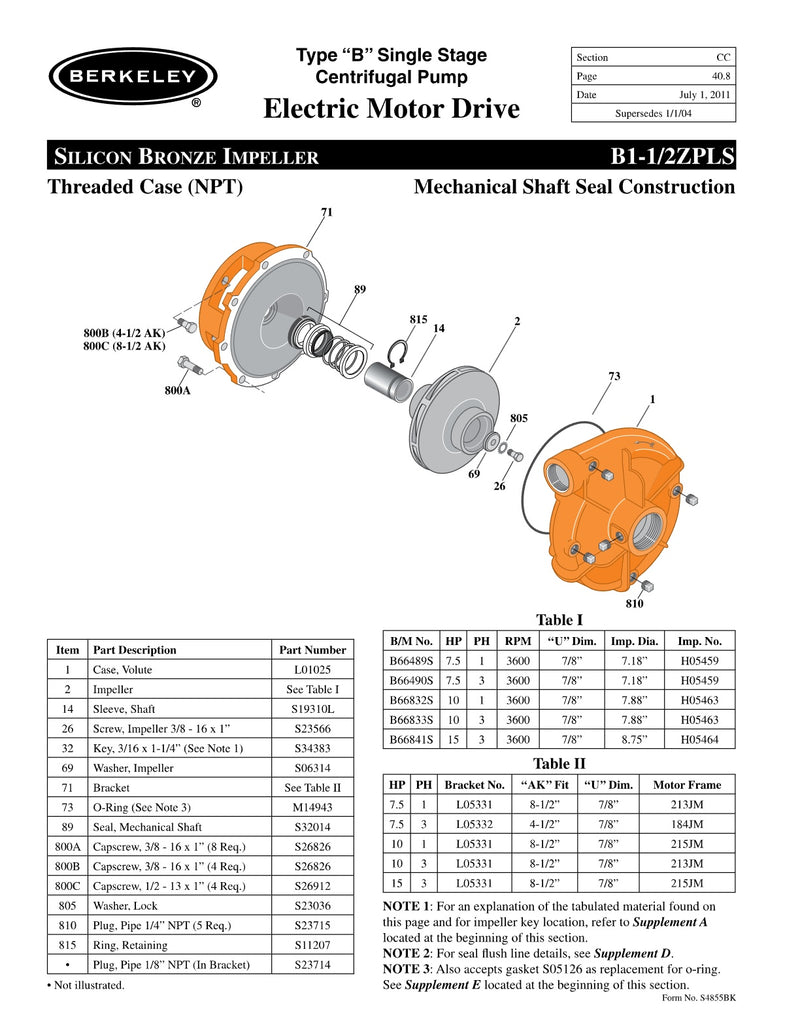B1-1/2ZPLS Berkeley Replacement Parts