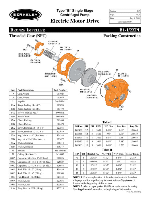 B1-1/2ZPL Berkeley Replacement Parts