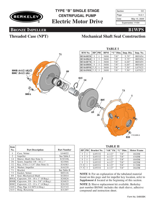 B1WPS Berkeley Replacement Parts
