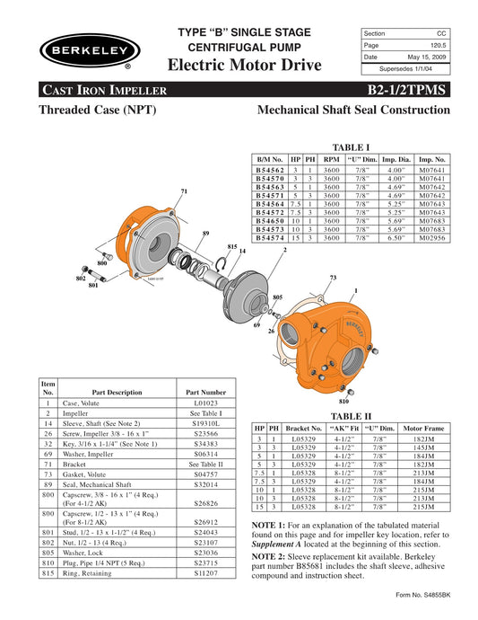 B2-1/2TPMS Berkeley Replacement Parts