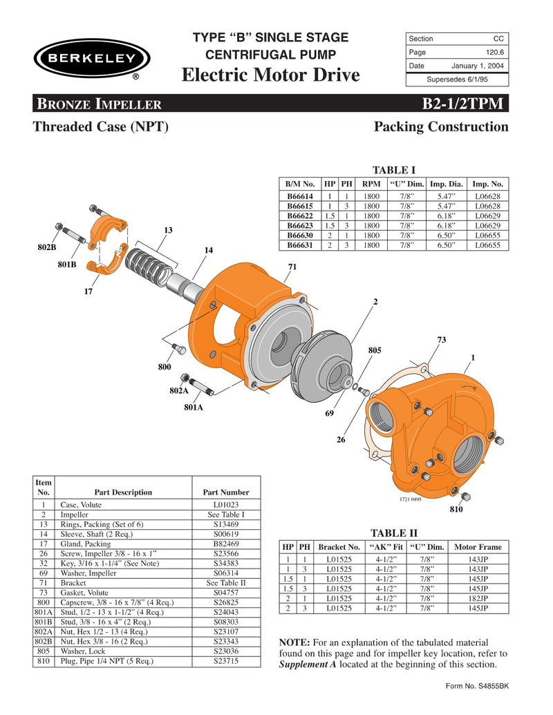B2-1/2TPM Berkeley Replacement Parts