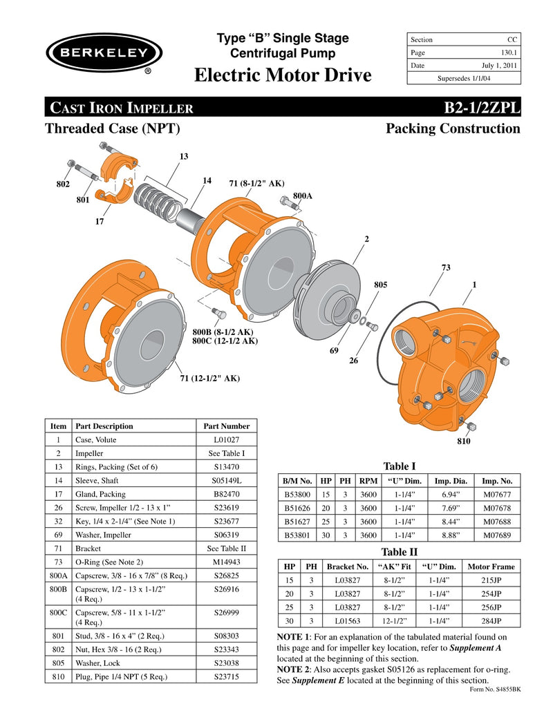 B2-1/2ZPL Berkeley Replacement Parts