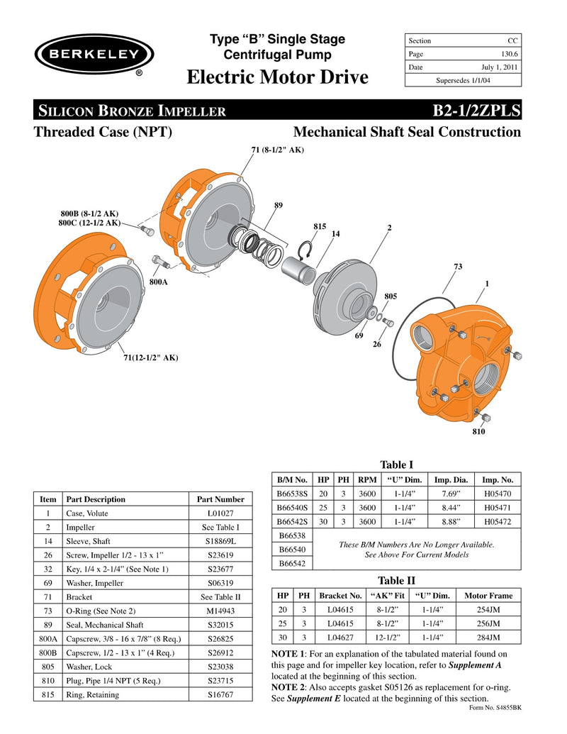 B2-1/2ZPLS Berkeley Replacement Parts