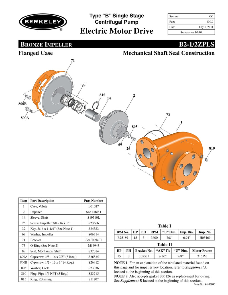 B2-1/2ZPLS Berkeley Replacement Parts