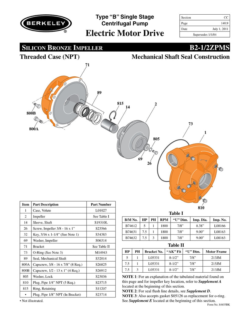 B2-1/2ZPMS Berkeley Replacement Parts