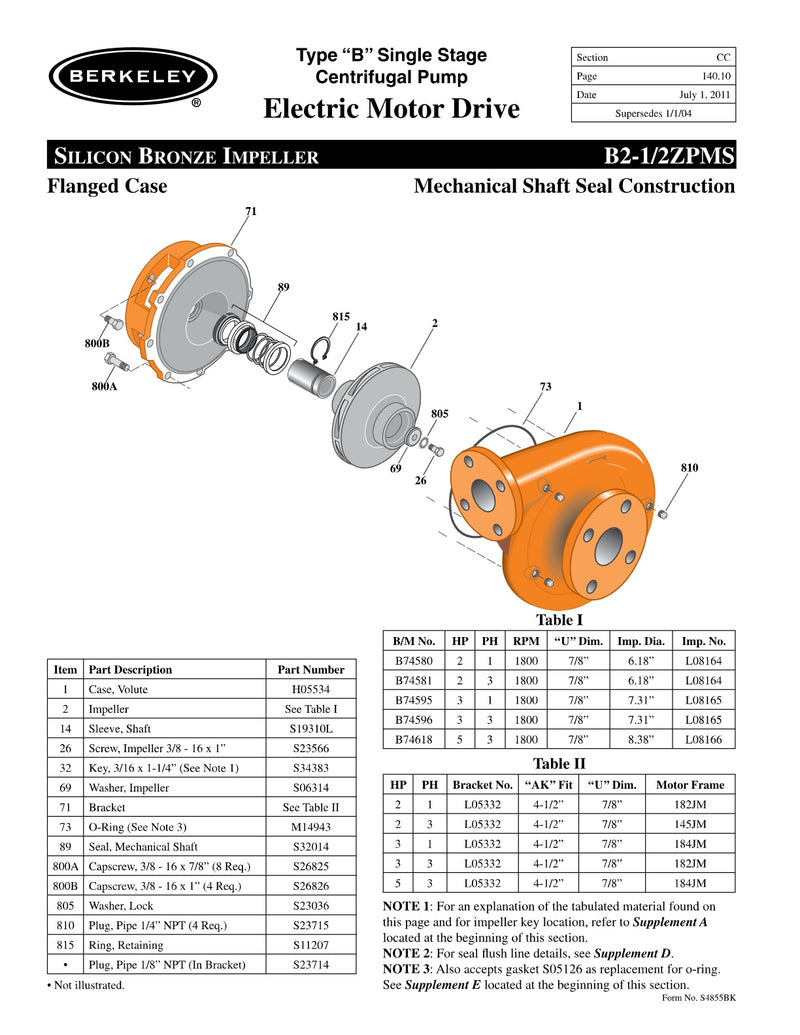 B2-1/2ZPMS Berkeley Replacement Parts