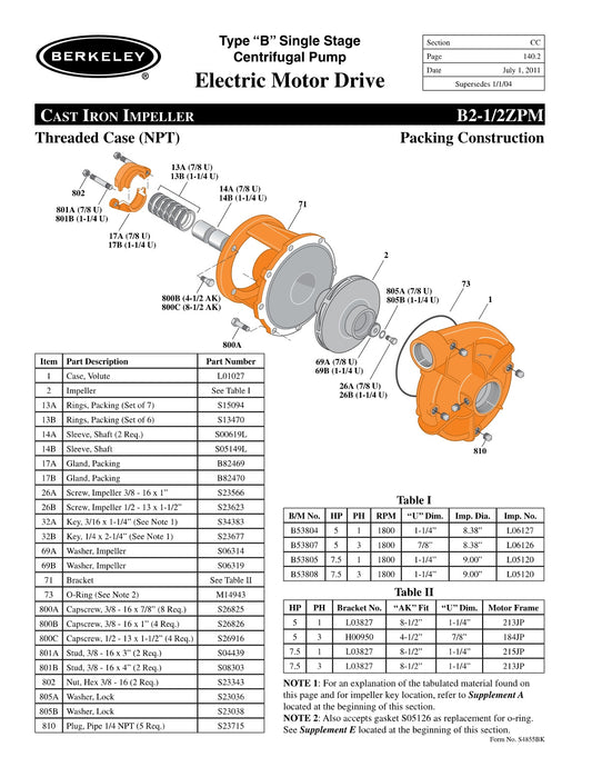 B2-1/2ZPM Berkeley Replacement Parts