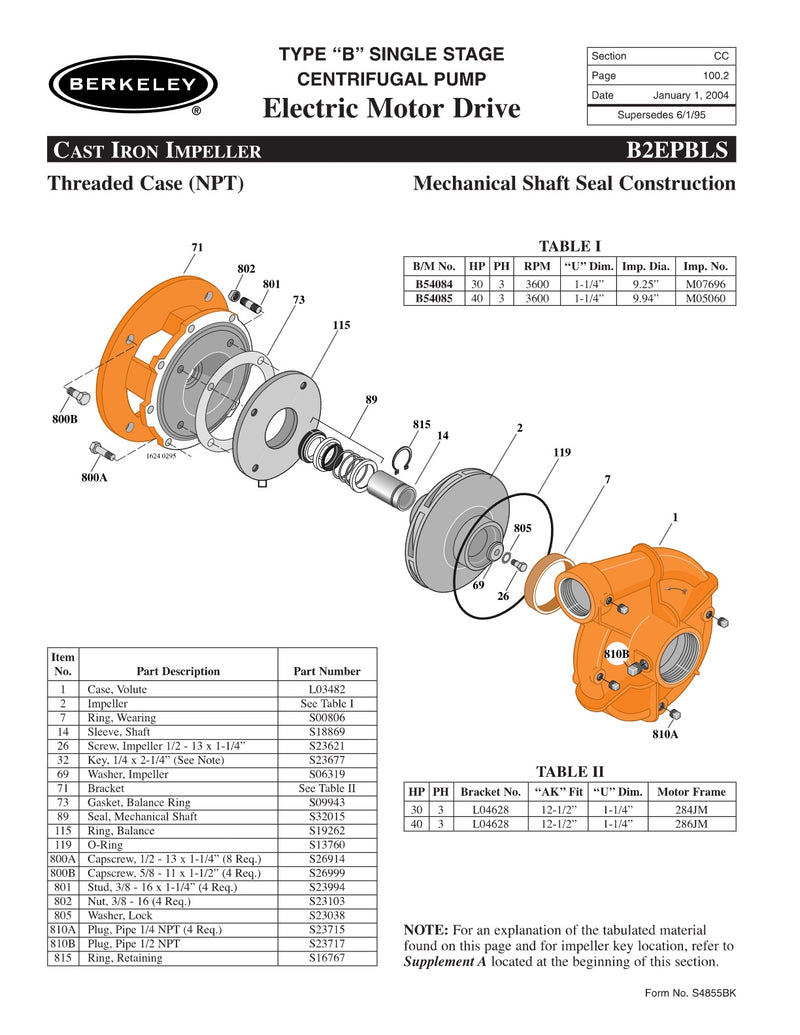 B2EPBLS Berkeley Replacement Parts