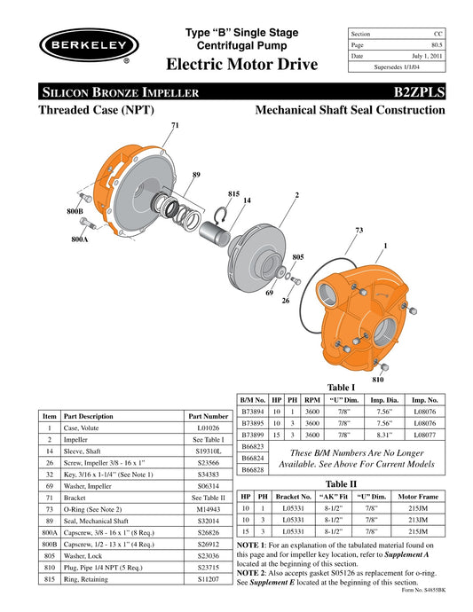 B2ZPLS Berkeley Replacement Parts