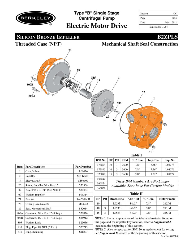 B2ZPLS Berkeley Replacement Parts